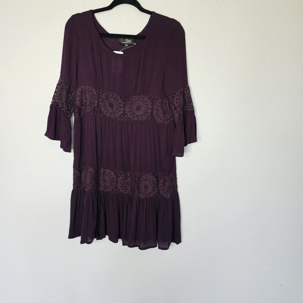 Suzanne Betro Womens‎ Boho Lace Tiered Dress Plum Purple Bell Sleeve M Fall NWT